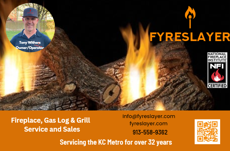 Fyreslayer fireplace, gas log, grill ad